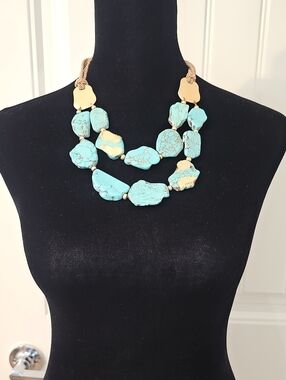 NWOT Chico's Turquoise Stone Double Strand Statement Necklace - Gold Accents